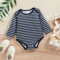 3-Pack Baby Boy Long-sleeve Allover Striped and Stars Print Rompers with Solid Pants Set Dark Blue/white