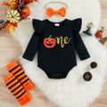 Halloween 4pcs Baby Girl Ruffle Trim Long-sleeve Graphic Romper and Bow Front Layered Mesh Skirt with Striped Calf Sleeves & Headband Set Orange