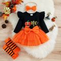 Halloween 4pcs Baby Girl Ruffle Trim Long-sleeve Graphic Romper and Bow Front Layered Mesh Skirt with Striped Calf Sleeves & Headband Set Orange