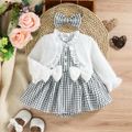 2pcs Baby Girl Fluffy Knitted Long-sleeve Ruffle Trim Bow Front Spliced Gingham Romper Dress with Headband Set White image 1