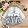 2pcs Baby Girl Fluffy Knitted Long-sleeve Ruffle Trim Bow Front Spliced Gingham Romper Dress with Headband Set White image 3