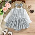 2pcs Baby Girl Fluffy Knitted Long-sleeve Ruffle Trim Bow Front Spliced Gingham Romper Dress with Headband Set White image 2