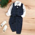 2pcs Toddler Boy Gentleman Suits, Faux-two Plaid Shirt and Pants Set Blue