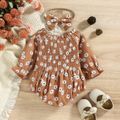 2pcs Baby Girl Allover Daisy Floral Print Off Shoulder Long-sleeve Shirred Crepe Romper with Headband Set dilutebrown image 2