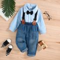 2pcs Toddler Boy Gentleman Suit, Suspender Denim Jeans and Lapel Collar Shirt Set Blue image 1