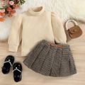 2pcs Toddler Girl Pretty Mock Neck Puff-sleeve Te and Houndstooth Pleated Skirt Set Apricot image 3