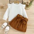2pcs Toddler Girl Sweet Ruffled Textured Tee and Belted Skirt Set Brown&White image 2