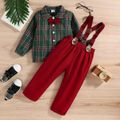 2pcs Toddler Boy Gentleman Suit, Christmas Plaid Bow tie Design Shirt and Adjustable Suspender Pants Set Green image 2