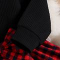 3pcs Toddler Girl Plaid Beret Cap & Black Sweatshirt and Irregular Skirt Set redblack image 4