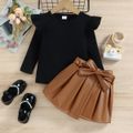 2pcs Toddler Girl Trendy Ruffled Ribed Tee and Belted PU Skirt Set Black image 2
