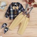 2pcs Baby Boy Gentleman Party Outfits 100% Cotton Solid Suspender Pants and Long-sleeve Plaid Shirt Set Khaki image 3