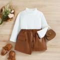 2pcs Toddler Girl Mock Neck Textured Sweatshirt and Irregular PU Shorts Set White image 1