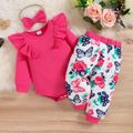 3pcs Baby Girl Solid Ruffle Trim Long-sleeve Romper and Allover Floral & Butterfly Print Quilted Pants with Headband Set Hot Pink image 3