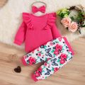 3pcs Baby Girl Solid Ruffle Trim Long-sleeve Romper and Allover Floral & Butterfly Print Quilted Pants with Headband Set Hot Pink image 2