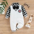 Baby Boy Party Outfit Bow Tie Decor Badge Detail Imitation Knitting Gingham Long-sleeve Jumpsuit OffWhite image 1