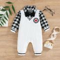 Baby Boy Party Outfit Bow Tie Decor Badge Detail Imitation Knitting Gingham Long-sleeve Jumpsuit OffWhite