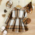 2pcs Toddler Girl Classic Bowknot Design Plaid Dress and Cap Khaki image 1