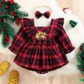 Christmas 2pcs Baby Girl Letter Print Red Plaid Ruffle Trim Long-sleeve Romper with Headband Set Red image 1