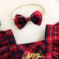 Christmas 2pcs Baby Girl Letter Print Red Plaid Ruffle Trim Long-sleeve Romper with Headband Set Red image 4