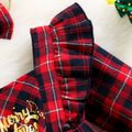 Christmas 2pcs Baby Girl Letter Print Red Plaid Ruffle Trim Long-sleeve Romper with Headband Set Red image 5