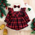Christmas 2pcs Baby Girl Letter Print Red Plaid Ruffle Trim Long-sleeve Romper with Headband Set Red image 2