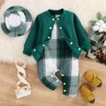 3pcs Baby Boy/Girl Dark Green Plaid Tank Jumpsuit and Solid Waffle Jacket with Hat Set Dark Green image 1