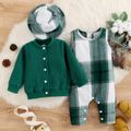 3pcs Baby Boy/Girl Dark Green Plaid Tank Jumpsuit and Solid Waffle Jacket with Hat Set Dark Green image 4