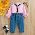 2pcs Toddler Boy Preppy style Suspender Denim Jeans and Shirt Set Pink image 2