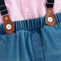 2pcs Toddler Boy Preppy style Suspender Denim Jeans and Shirt Set Pink image 4