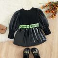 2pcs Toddler Girl Trendy Puff-sleeve Black Tee and Belted PU Skirt Set Black image 3