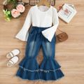 2pcs Toddler Girl Trendy Denim Flared Jeans and Bell sleeves Ribbed Tee Set Blue image 1