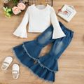 2pcs Toddler Girl Trendy Denim Flared Jeans and Bell sleeves Ribbed Tee Set Blue image 2