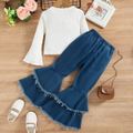 2pcs Toddler Girl Trendy Denim Flared Jeans and Bell sleeves Ribbed Tee Set Blue image 3