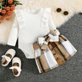 2pcs Baby Girl Solid Rib Knit Ruffle Trim Long-sleeve Romper and Button Front Plaid Belted Skirt Set Khaki