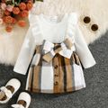 2pcs Baby Girl Solid Rib Knit Ruffle Trim Long-sleeve Romper and Button Front Plaid Belted Skirt Set Khaki image 1