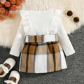 2pcs Baby Girl Solid Rib Knit Ruffle Trim Long-sleeve Romper and Button Front Plaid Belted Skirt Set Khaki image 3
