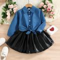 2pcs Toddler Girl Trendy Tie Knot Denim Shirt and PU Skirt Set Blue image 1