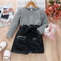 2pcs Toddler Girl Trendy Houndstooth Puff-sleeve Tee and PU Belted Skirt Set BlackandWhite image 1