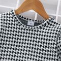 2pcs Toddler Girl Trendy Houndstooth Puff-sleeve Tee and PU Belted Skirt Set BlackandWhite image 3
