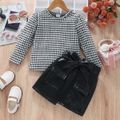 2pcs Toddler Girl Trendy Houndstooth Puff-sleeve Tee and PU Belted Skirt Set BlackandWhite image 2