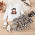 2pcs Toddler Girl Playful Bear Embroidered Tee and Plaid Skirt Set White image 2