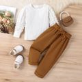 2pcs Toddler Girl Sweet Textured Ribbed Tee and Belted Pants Set White image 2