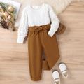 2pcs Toddler Girl Sweet Textured Ribbed Tee and Belted Pants Set White image 1