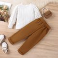 2pcs Toddler Girl Sweet Textured Ribbed Tee and Belted Pants Set White image 3