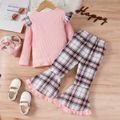 2pcs Toddler Girl Sweet Letter Print Ribbed Tee and Plaid Ruffled Flared Pants Set Pink image 2