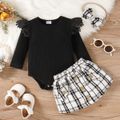 3pcs Baby Girl Black Lace Ruffle Long-sleeve Ribbed Romper and Tweed Skirt with Headband Set BlackandWhite image 3