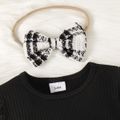 3pcs Baby Girl Black Lace Ruffle Long-sleeve Ribbed Romper and Tweed Skirt with Headband Set BlackandWhite image 4