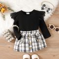 3pcs Baby Girl Black Lace Ruffle Long-sleeve Ribbed Romper and Tweed Skirt with Headband Set BlackandWhite image 1