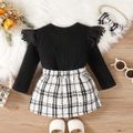 3pcs Baby Girl Black Lace Ruffle Long-sleeve Ribbed Romper and Tweed Skirt with Headband Set BlackandWhite image 2
