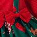 Christmas 2pcs Baby Girl Red Ribbed Long-sleeve Ruffle Bow Decor Spliced Gingerbread Man Print Dress with Headband Set Red image 5